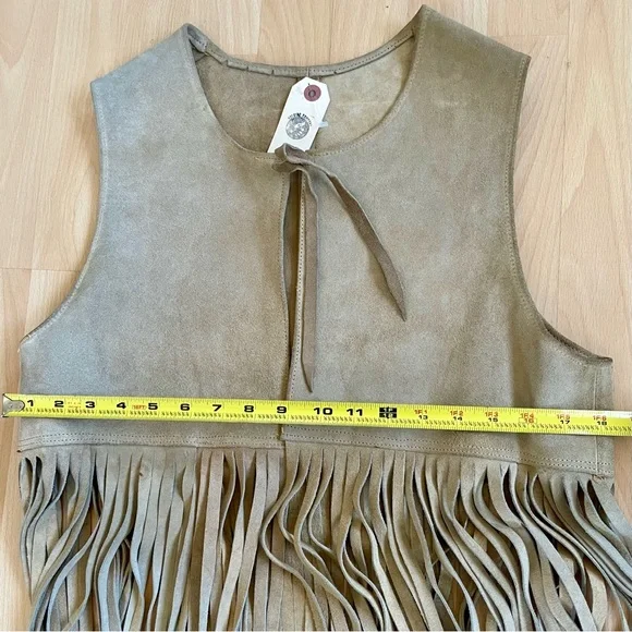 Vintage Suede Leather Long Fringe Vest Taupe Camel Boho Layering Piece NWT - Picture 12 of 16